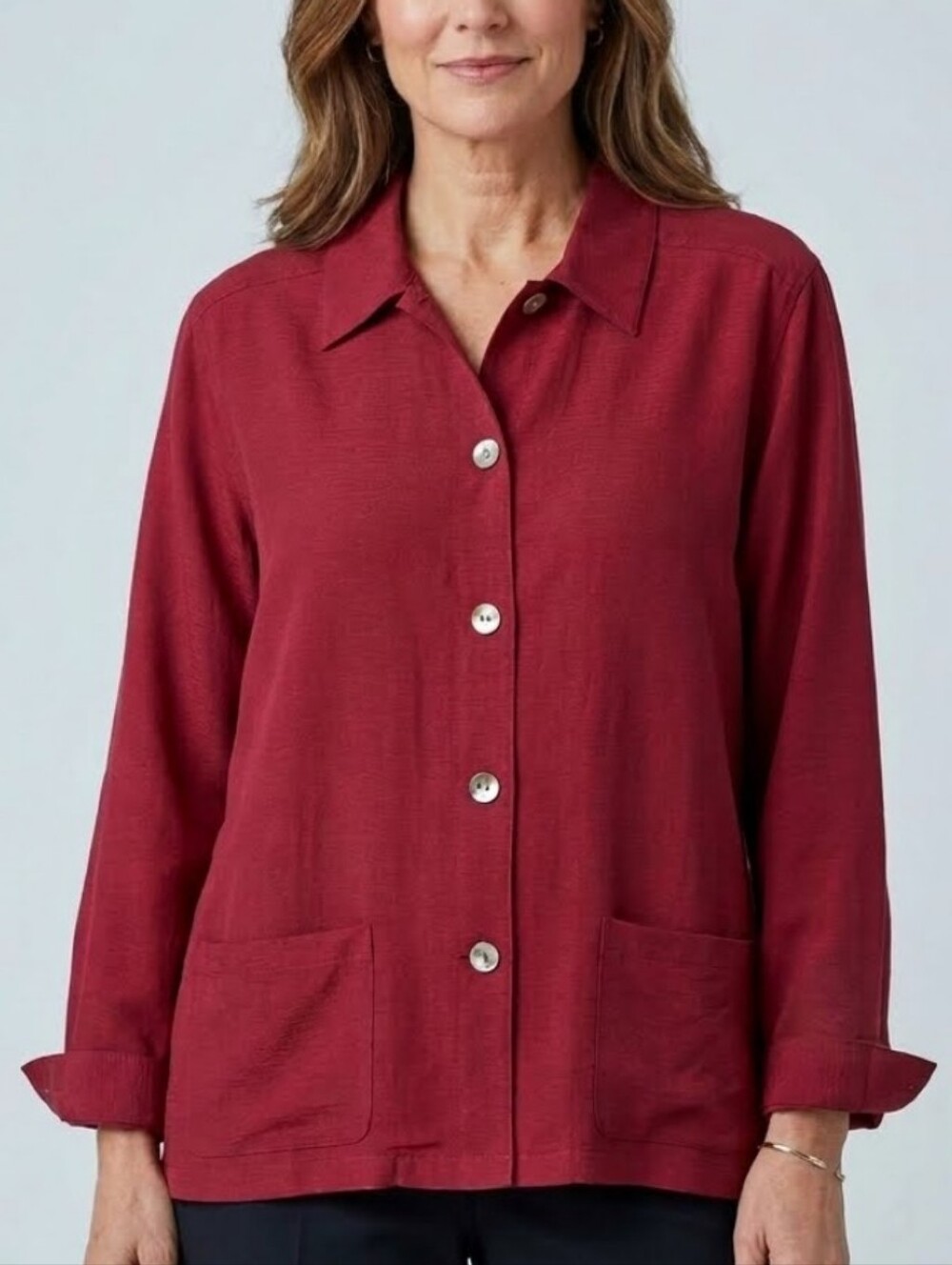 Linden Hill Red Silk Button Up Lightweight Pocketed Blouse Jacket